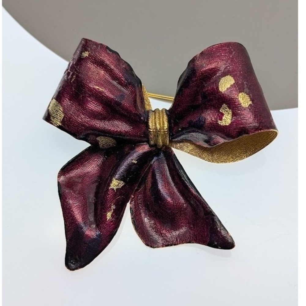 Vintage Vendome Bow Brooch Pin Purple Enamel Gold Tone Signed Crazing READ